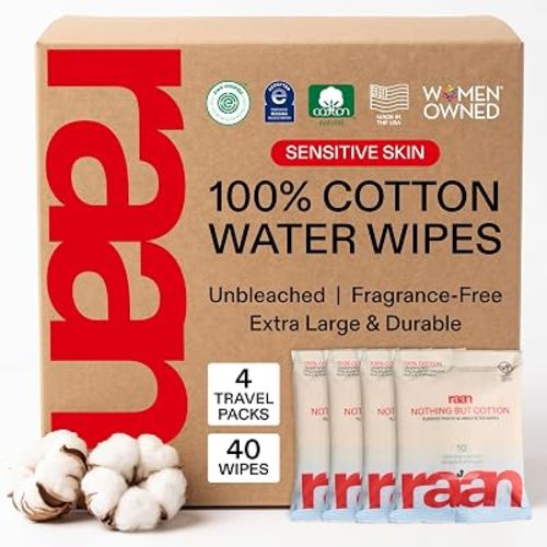Raan, 100% Cotton TRAVEL PACKS Baby & Toddler Wipes, Unbleached, 99% Purified Water, Fragrance Free, EWG verified, Made for Sensitive Skin, Naturally Soft and Durable, 4 TRAVEL-PACK, 40 Count