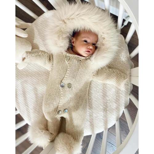 CREAM MI LOVES SIGNATURE Fox fur trim/pompoms Baby ANGEL pramsuit C