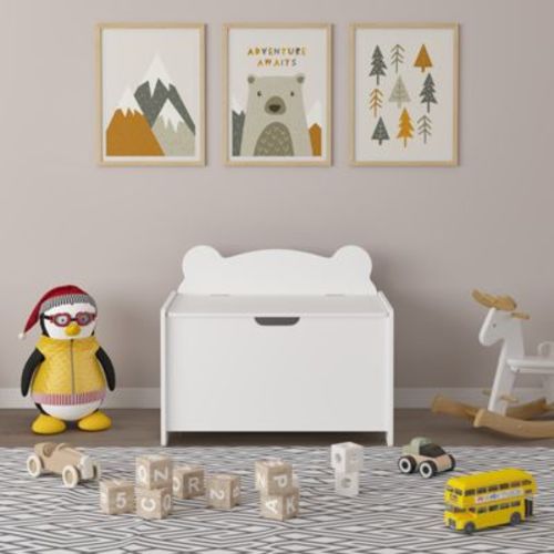 TiramisuBest Kids Toy Box Wooden Storage Chest Safety Hinged Lid Bear Headboard White Organizer for Bedroom Playroom Ages 2 Plus, White