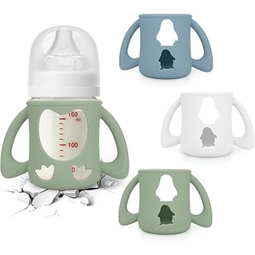BUSOHA 3 Pack Silicone Sleeves for Pigeon Bottle - Baby Bottles Sleeves Compatible with Pigeon Glass Bottles Anti Breakage Baby Bottle Holder with Handle (White+Blue+Green,5.4 OZ)