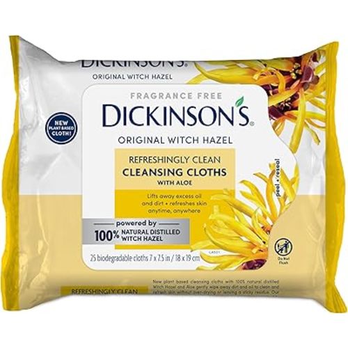 Dickinson's Original Witch Hazel Refreshingly Clean Cleansing Cloths with Aloe | 100% Natural Distilled Witch Hazel | Cleanses & Refreshes Skin | Extra-Large Cloths | Pack of 1 | 25 Cloths per Pack