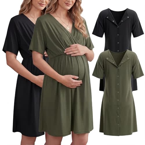 Cutecrop 2 Pack Labor and Delivery Gown for Hospital Maternity Nursing Short Sleeve Gown Button Back Birth Recovery Sleepwear