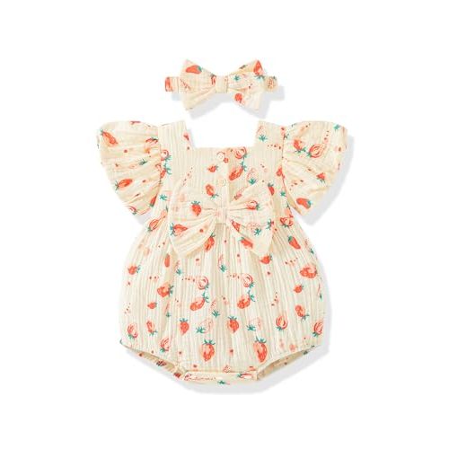 Vibebox Baby Girls Clothes Summer One-sies Romper Outfit Preemie-18 Months | Preemie Newborn Girl Clothes Bubble Romper, Coming Home Outfit for Infant Girl, Bows One-Piece Jumpsuits with Headband