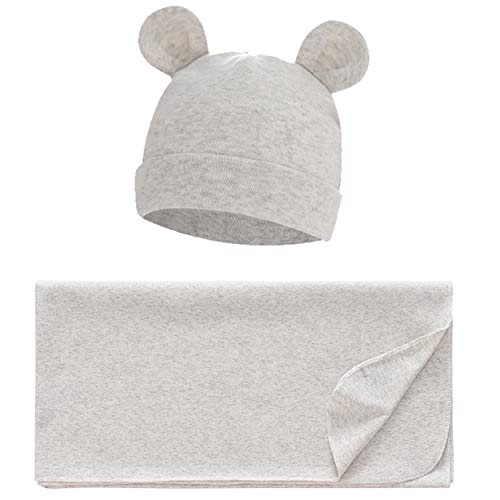 Exemaba Unisex Baby Swaddle Blanket with Hat Set Newborn Swaddle Receiving Blankets Sleep Sack for 0-3 Months Boys Girls(Grey)