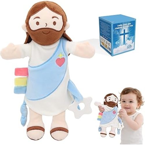 Baby Lovey with Teether, Jesus Security Blanket with Crinkle Tags, Soft Minky Velour Newborn Girl Boy Gift with Bell for Baby Shower, Baptism or Birthday Essentials