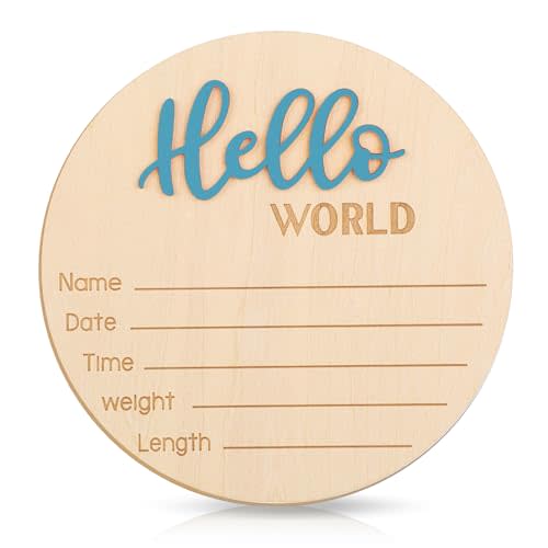 Baby Announcement Sign, 5.9 Inch Hello World Newborn Welcome Sign Wooden Baby Name Sign Birth Announcement Plaques for Newborn Boys Girls Photo Props Baby Shower Hospital Nursery (Blue)