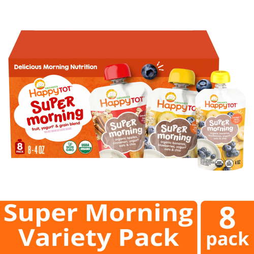 Happy Tot Organics Super Morning Stage 4, 2-Flavor Variety Pack Organic Tot Food, 4 oz (8 Pouches)