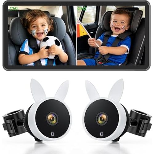 Babyvue BV3 MAX Dual Car Camera Baby Monitor with Recording, 7.2" Split Screen Monitors 2 Kids with Clear 1080P Auto IR Night Vision & Adjustable Brightness for Safety Driving (White)