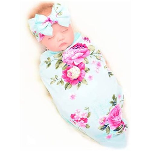 Galabloomer Receiving Blanket Headband Set Flower Print Baby Swaddle Receiving Blankets