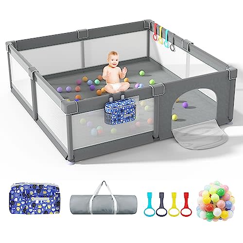 LUTIKIANG Extra Large Playpen for Toddlers, 79" X 71" with Gates, Baby Play Yards, Safety Indoor Play Area, Ocean Balls (Grey)
