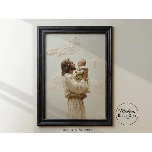 Jesus Holding Baby | Tender Savior Embrace | Vintage Oil Painting with Aged Texture | Christian Nursery Wall Art 305