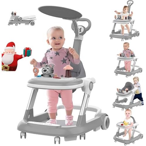 Baby Walker, 5-and-1 Baby Walkers with Wheels, 2-Height Toddler Walker Push with Cushion, Jump Pad, Sunshade, Foldable Baby Walker with Activity Center, Music Disc, Walker for Baby Boy 6-12 Months
