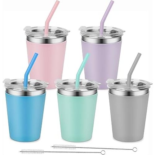 Stainless Steel Sippy Cup, 5-Pack Kids & Toddler Cups with Silicone Sleeves and Straws, Dishwasher Safe, 12 Oz Kids Tumblers For Travel or At Home