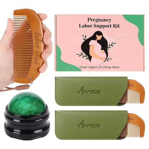 Arrozon 2 Pcs Labor Comb & Green Massage Roller Ball Kit, Birthing Comb Hospital Bag Essentials, Birth comb Labor and Delivery Essentials, Wooden Combs Pregnancy Gift