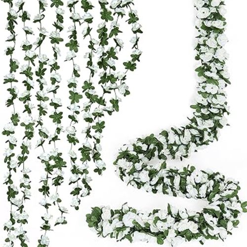 KHOYIME 18 Pack 144 FT Artificial Flower Garland, Fake White Roses Vines Silk Flowers Faux Plastic Outdoor Hanging Floral Ivy Garland Decoration for Wedding Arch Bedroom Home Wall Backdrop Room Decor