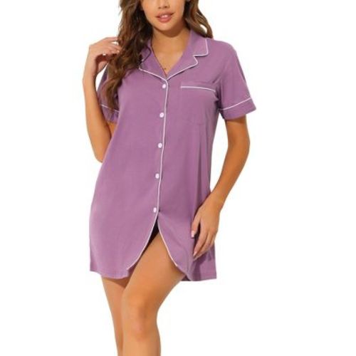 cheibear Women's Notched Collar Button Down Pajama Shirt Dress with Pocket
