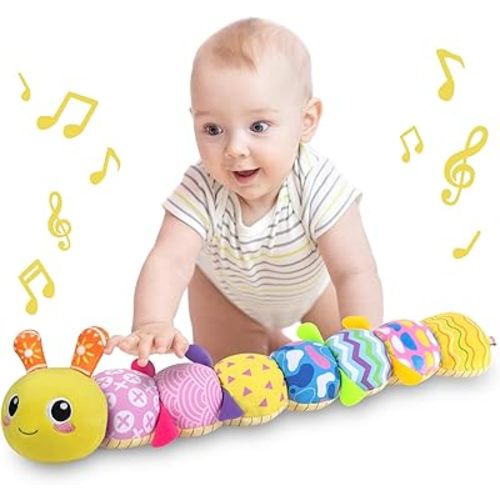 KMUYSL Baby Toys 0-12 Months, Musical Animal Stuffed Toy with Crinkle, Rattles & Lullaby, Plush Toy for Infant Newborn, Yellow Fabric Cotton