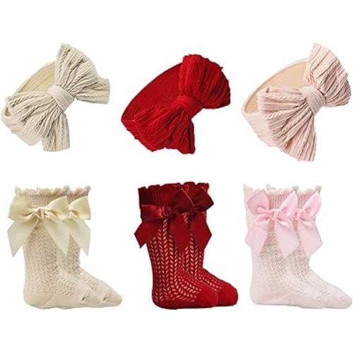 Baby Girls Knitting Knee-hign Socks and Hair Bow Headband Set, Newborn Baptism Accessories for Infant and Toddlers