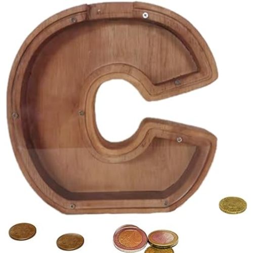 Wooden Money Bank Personalized Letters Coin Bank Text Engraved Money Box Wooden Coin Bank ​Gift for Kids Christmas Birthday Gift Home Decoration (C)