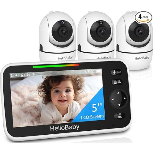 HelloBaby 5" Screen Baby Monitor with 3 Cameras - No WiFi HB6550 Video Baby Monitor, 1000ft Long Range, ECO, 26 Hour Battery, Pan-Tilt-Zoom Night Vision, Temperature Sensor & 2-Way Audio, 8 Lullabies