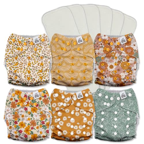 Mama Koala 3.0 Pocket Cloth Diapers for Babies with AWJ Lining, 6 Pack with 6 5-Layer Natural Cloth Diaper Inserts - Reusable and Washable Pocket Diapers(A-Little Daisies)
