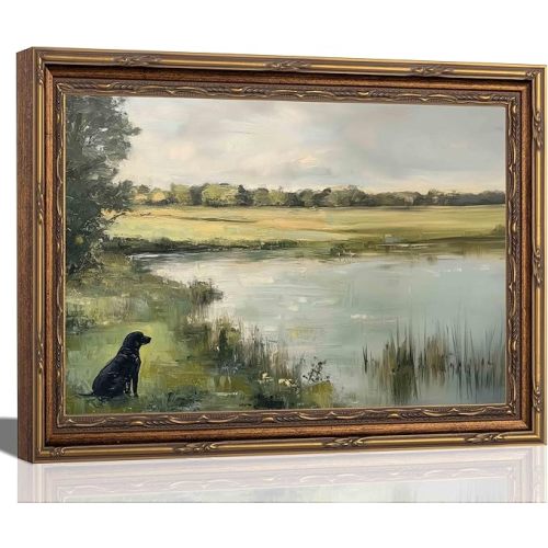 RVETNGVM Vintage Black Labrador Landscape Wall Art Rustic Dog and Pond Countryside Art Wildlife Nature Pond Wall Decor for Living Room Bedroom Farmhouse Bathroom Office Decor 9"x11" Framed