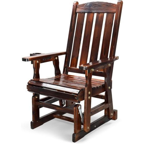 VINGLI Outdoor Glider Chair Wood Patio Glider with Cup Holder, Porch Glider with Smooth Rocking Mechanism, Heavy Duty 600 LBS, Rustic