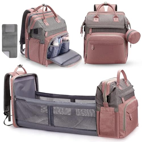 DERJUNSTAR Diaper Bag Backpack – Large Capacity Baby Diaper Bag with Changing Pad for Dad and Mom, Waterproof Travel Backpack, Multi-Function Bag with USB Charging Port, Rose Pink