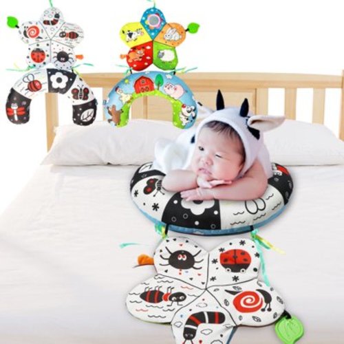IFOYO Tummy Time Pillow with Crinkle Mat & Teethers, Black and White High Contrast Baby Toys with Mirror for 0-12M