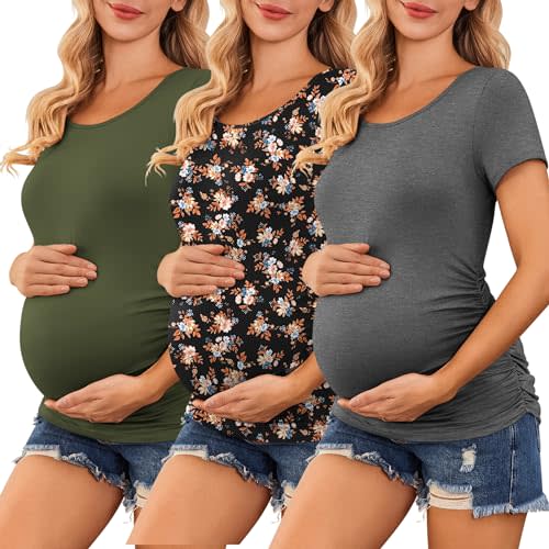 Ekouaer Womens Maternity Shirts 3 Packs Side Ruched Pregnancy Tee Top Tunic Blouse Casual Mama Clothes S-XXL