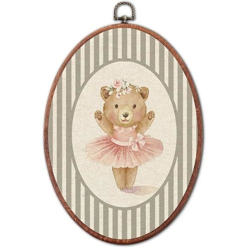 Vintage Bear Dancing Nursery Oval Wall Art Framed, Grey Striped Sports Framed Canvas Prints, Unique Retro Girl Gift Hanging Wall Decor for Kids Toddler Room Bedroom Playroom, 8.6x11.4 Inch