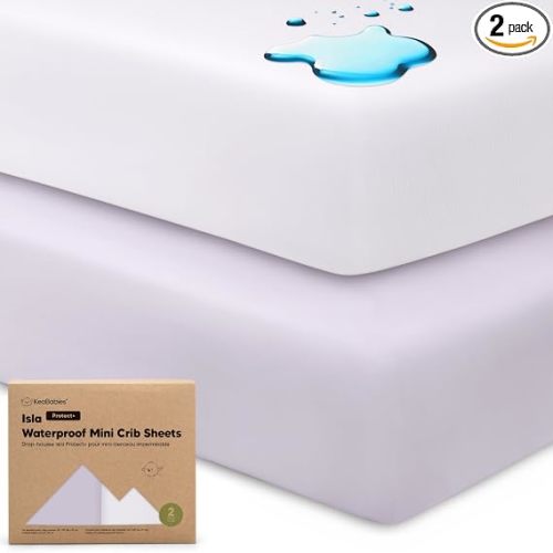 2-Pack Waterproof Pack and Play Sheets, Mini Crib Sheets Fitted (Lilac) | 38x26 Pack N Play Mattress Sheets, Soft Viscose from Bamboo, Gender Neutral Boy Girl, Toddler Playard, Mini Baby Crib Sheets