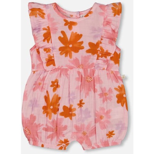 Baby Girl's Printed Muslin Romper Pink And Coral Flowers, 6M