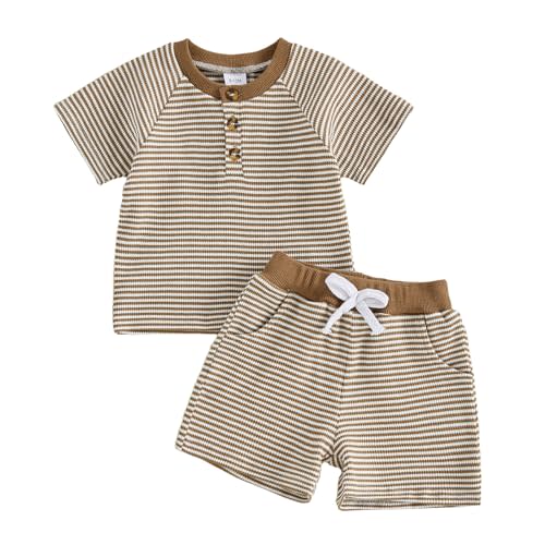 MERSARIPHY Toddler Baby Boy Clothes 6 12 18 Months 2T 3T Summer Outfit Waffle Knitted Stripe Casual T-shirt Tops Shorts Sets