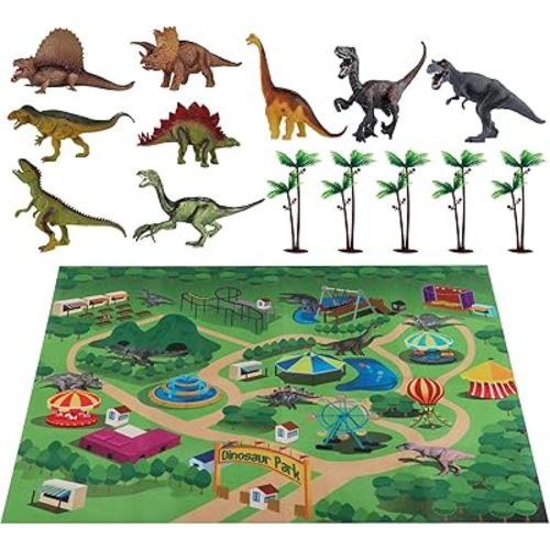 TEMI Dinosaur Toys for Kids 3-5, Jurassic Dinosaurs Figures with Play Mat and Trees to Create a Dinosaur World, Triceratops, Velociraptor, Gifts for Toddler Boys and Girls 3 4 5 6 7
