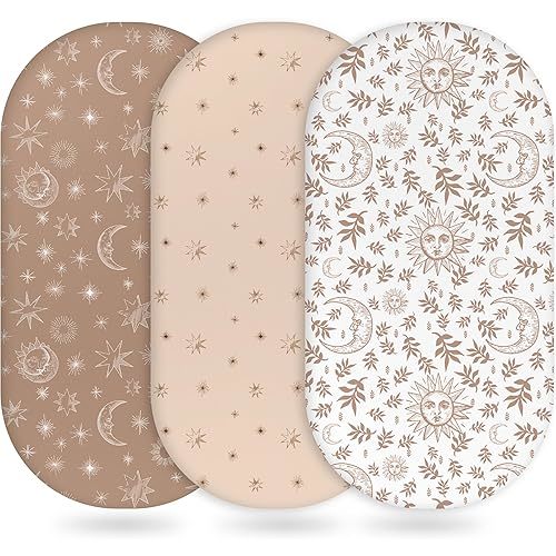Baby Bassinet Sheets Girl Boy, Fitted Bassinet Sheet Set 3 Pack Bassinet Mattress Sheets Universal Fit for Rectangle, Round, Oval, Hourglass Mattress, Soft Breathable White Brown Sun God