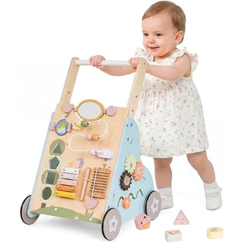 EDUBEBO Wooden Baby Push Walker, 9‑in‑1 Sit‑to‑Stand Learning Walking Toy, Prevent O‑Shaped Legs, Adjustable Height, for Toddlers 12‑36 Months