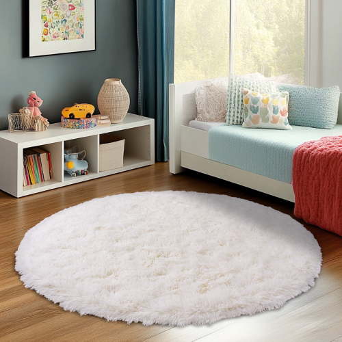 ZENELESS Fluffy Shag Circle Rug for Nursery Room,4x4ft Cream White Fuzzy Plush Rug for Dorm,Kids Girls Boys Room,Reading Nook,Home Decor