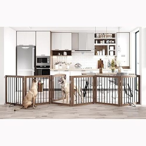 Vantas Folding Pet Gate 144" Wide, 30" Tall No-Assembly Wooden Dog Gate with Door Walk Through, Freestanding Puppy Safety Fence, with 2PCS Support - Brown