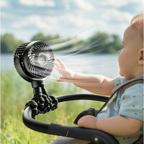 Stroller Fan, 4000mAh Portable Battery Operated Smal Clip on Fan, 4 Speed Rechargeable Mini Personal Cooling, Travel for Baby Car Seat Crib(Black)