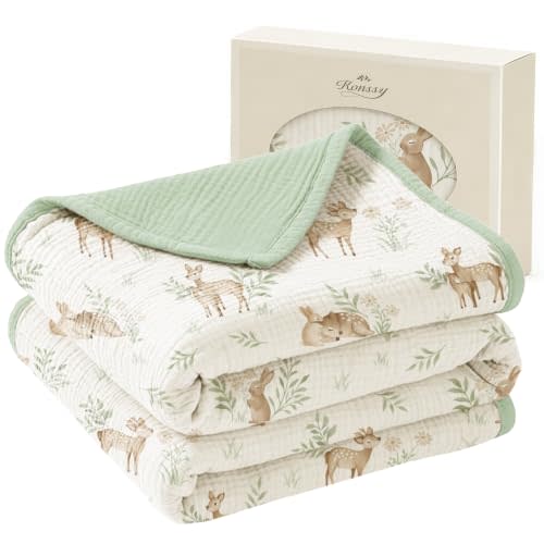 Konssy 100% Cotton Muslin Baby Blanket for Girls Boys, 47"x47" | Soft & Lightweight, 4-Layer Muslin, for Receiving, Swaddling, Crib, Stroller & Nursery, Newborn to Toddler (Woodland)