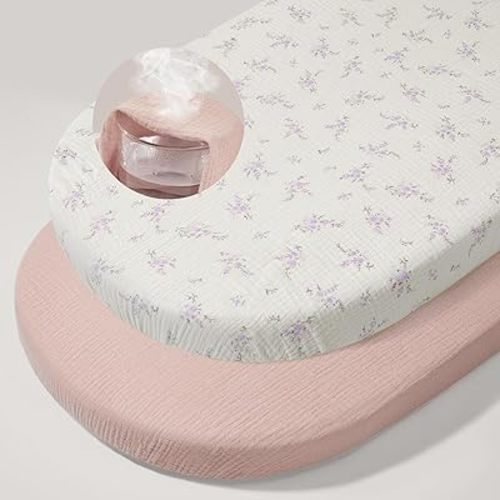 Basumee Baby Bassinet Sheets 2 Pack Muslin Bassinet Mattress Sheets for Boys Girls Soft Breathable Bedside Bassinet Fitted Sheet with Bottom Elastic Band 33''x17''x4'' Fit for Rectangle Oval Hourglass