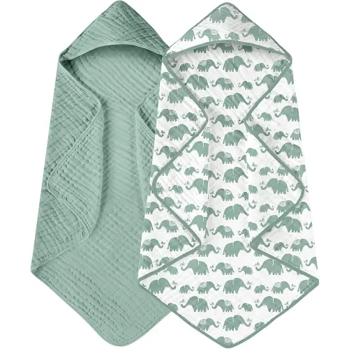 Yoofoss Hooded Baby Towels for Newborn 2 Pack 100% Muslin Organic Cotton Baby Bath Towel with Hood for Babies, Infant, Toddler and Kids, 32x32Inch, Soft and Absorbent Newborn Essential, Green Elephant