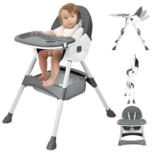 YUCHANG 4- in-1 Baby High Chair,Adjustable Convertible Infant Baby Feeding Chair Booster for Eating with Detachable Double Tray,5 Point Harness,Gray