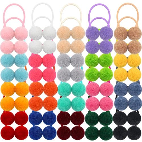 Qearl Hair Ties, 40 Pieces Pom Pom Elastic Hair Ties - 20 Colors Fluffy Velvet Ponytail Holders and Rubber Bands for Baby Girls, Toddlers, Infants, and Kids