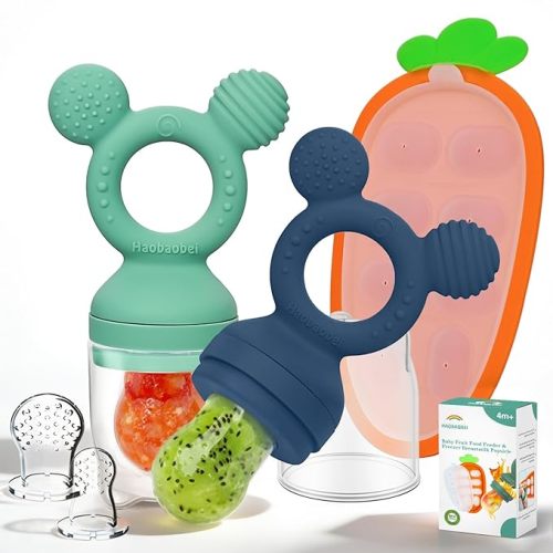 Baby Fruit Feeder 2 Pack with Freezer Tray, 4 Silicone Pouches in 3 Sizes, Breastmilk Popsicle Mold, Food Feeder Pacifier and Silicone Teether for Teething Relief, 4+ Months
