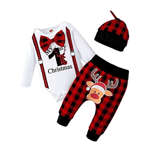My 1st Christmas Oufit Christmas Baby Boy Outfit Baby Boy Clothes Infant Romper Red Plaid Pants Hat 3Pcs 0-18 Months