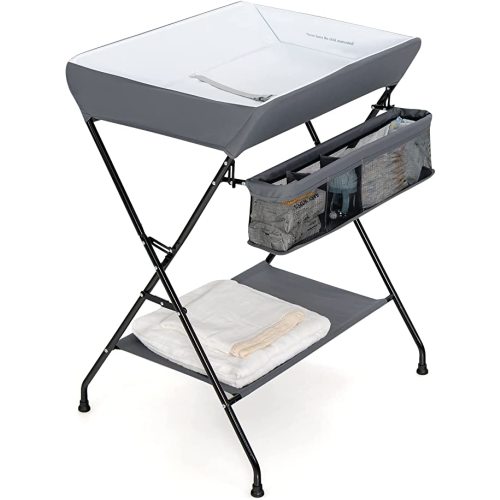 Costzon Changing Table, Portable Baby Changing Table Foldable Diaper Changing Station with Safety Belt, Large Storage Rack & Shelf, Nursery Organizer for Newborn Infant (Dark Gray)