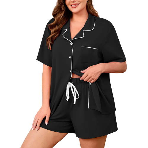 SHOWMALL Women's Plus Size 2 Piece Pajama Set, Short Sleeve Button Down Sleepwear with Pockets, Black 4X Soft Loungewear for home, Mother’s Day Gift