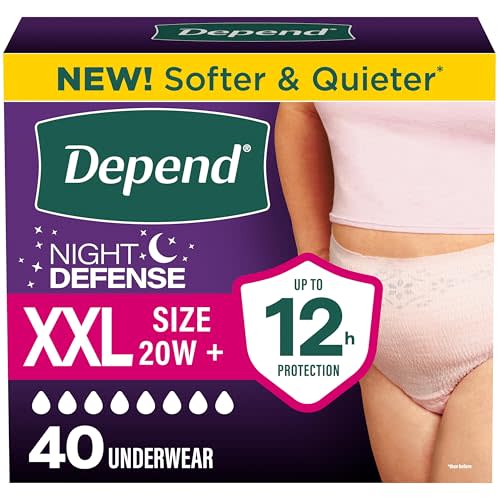Depend Night Defense Adult Diapers, Incontinence & Postpartum Bladder Leak Underwear for Women, Disposable, Overnight, XXL, Blush, 40 Count (4 Packs of 10), Packaging May Vary